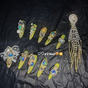 Neon Lime Crystal & Pearl Embellished Press-On Nail Set